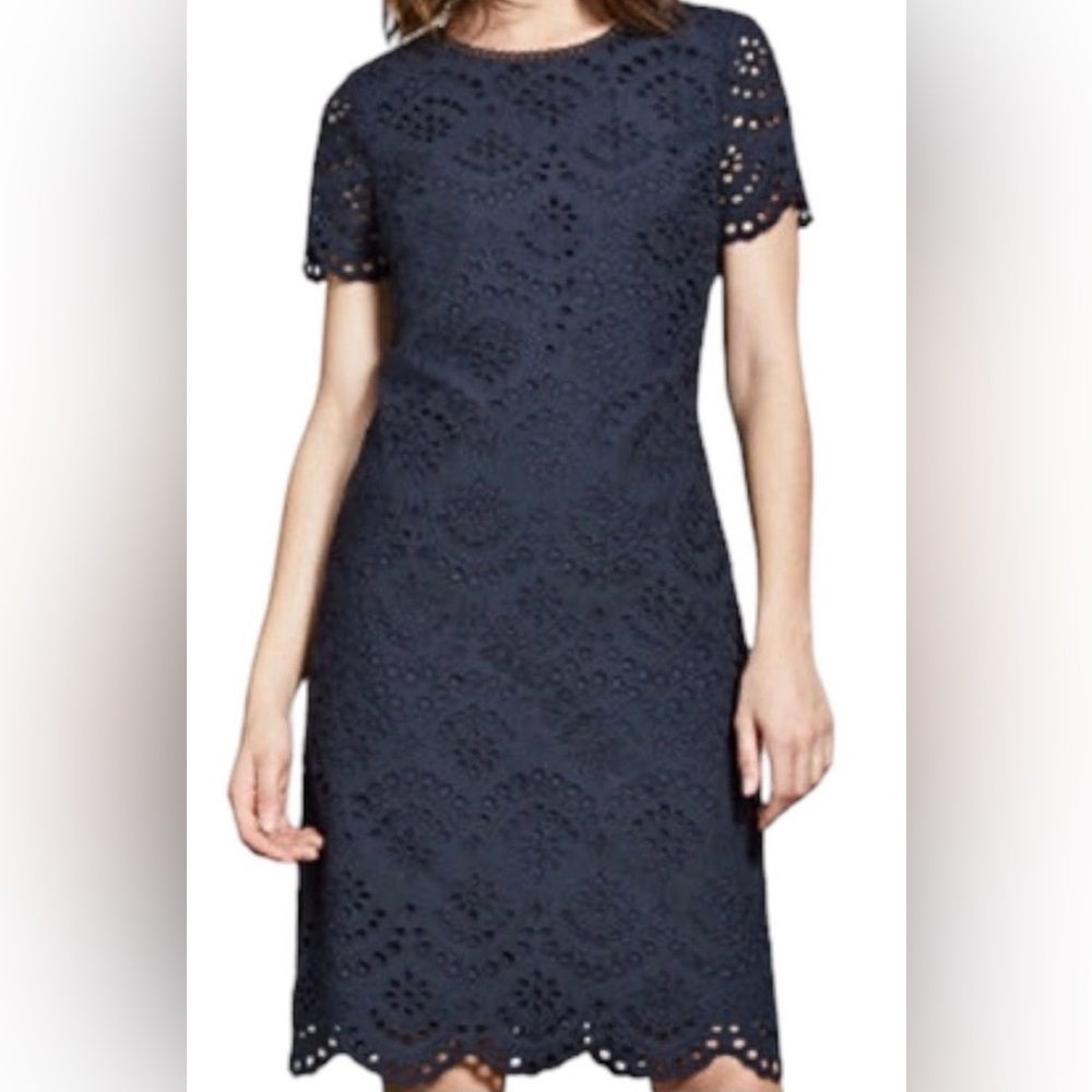 Boden Isadora Broderie Lace Navy Blue 100% Cotton Lined Keyhole Back Dress